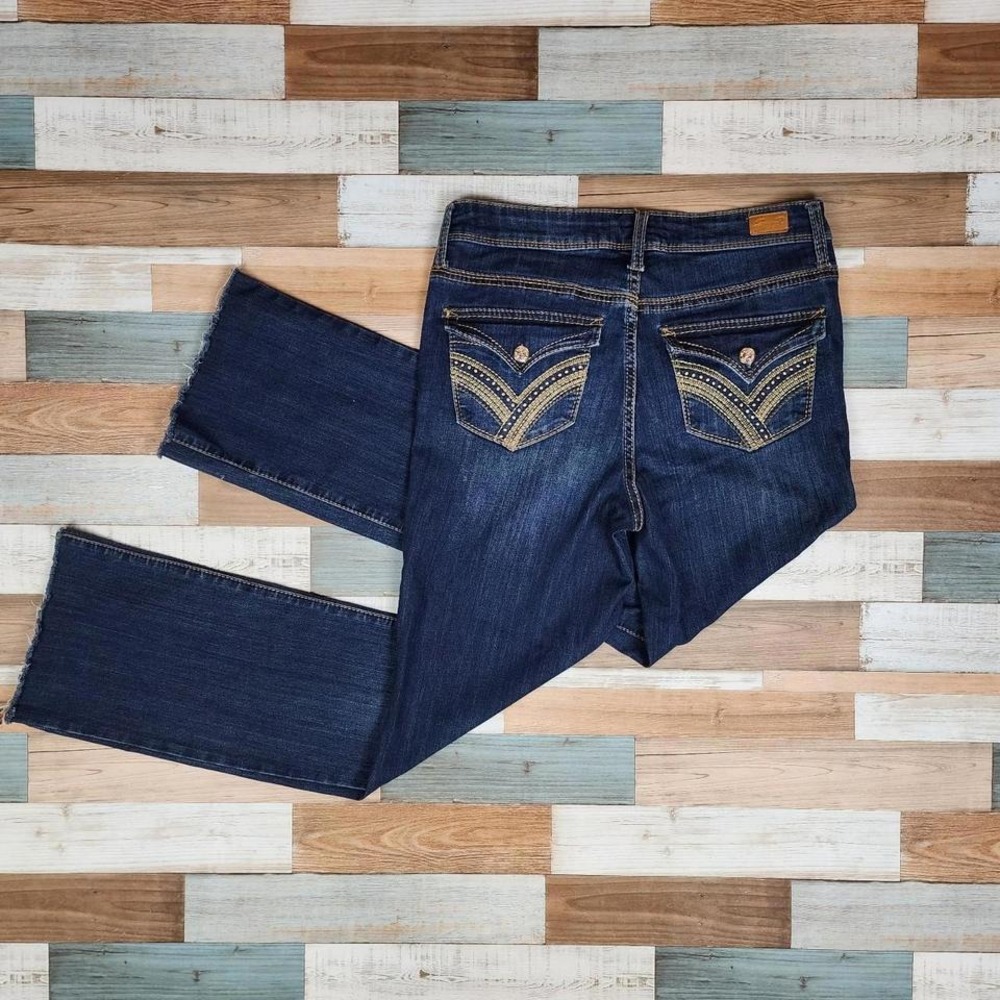 Seven7 Rocker Slim Boot Jeans Dark Wash Embroidered Studded Flap Pocket Size 8